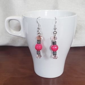 Pink Silver Earrings with Pink Gem Beading
